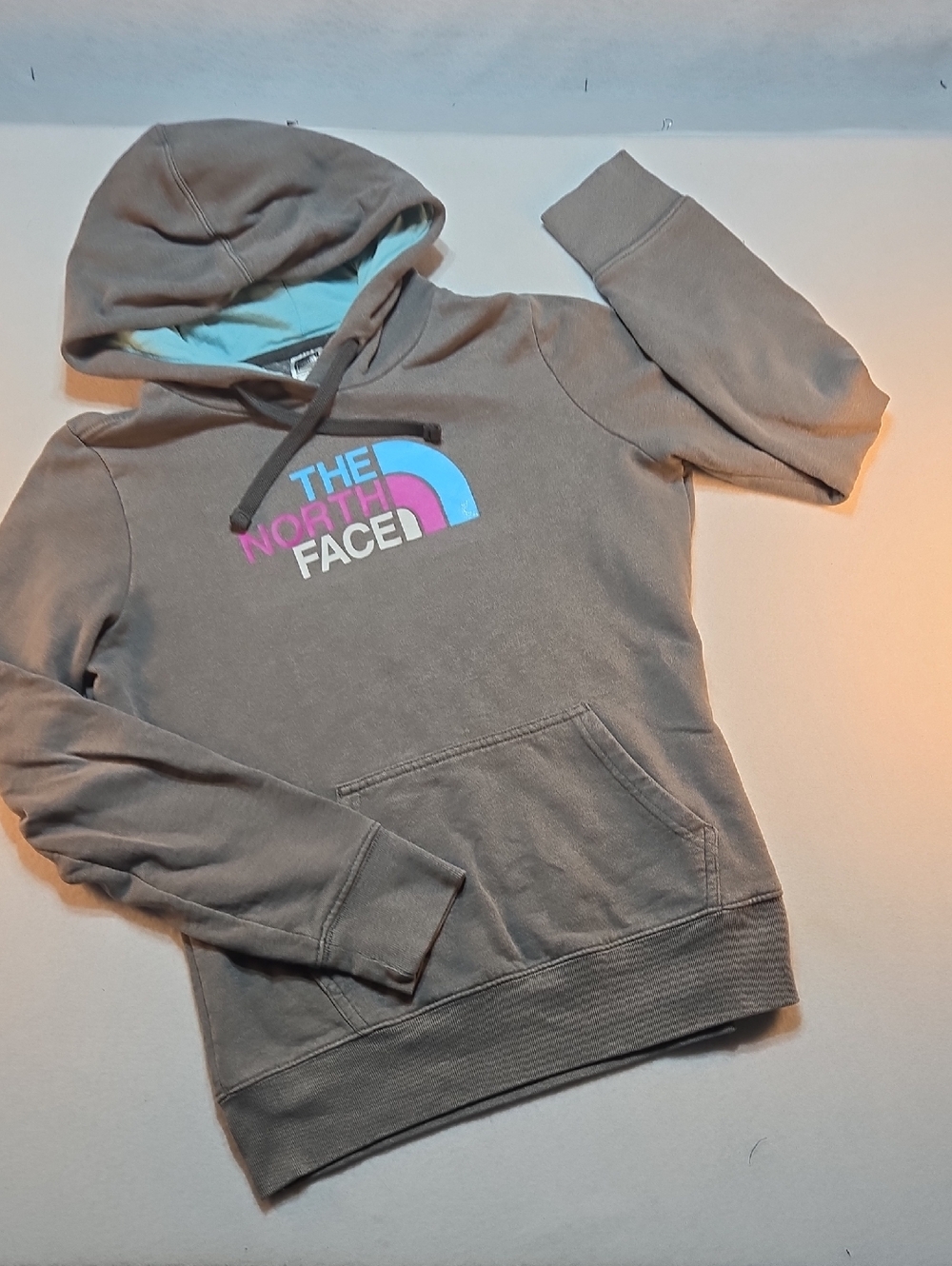 The North Face Woman's Taupe Hoodie with Light Blue Hood Lining